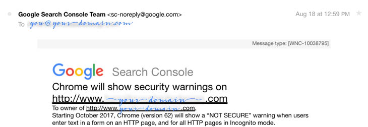 Google warning about needing to migrate to HTTPS before October 2017