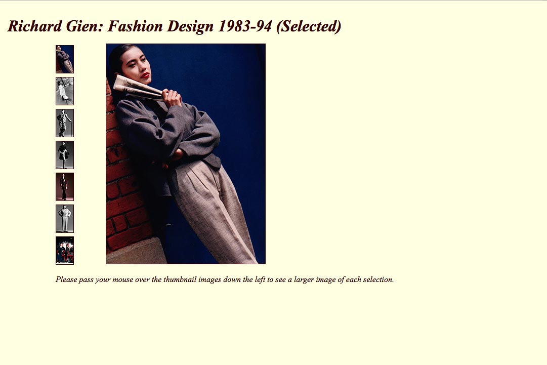 Early web design for a fashion designer - early designs page