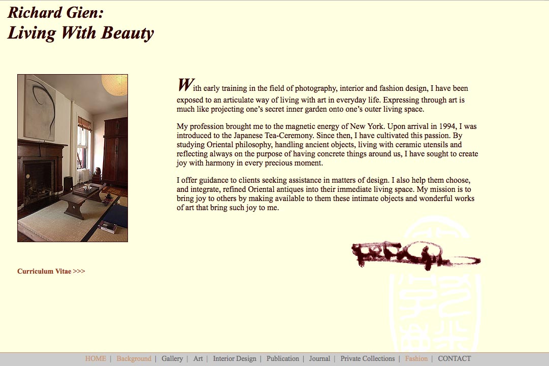 Early web design for a fashion designer - background page