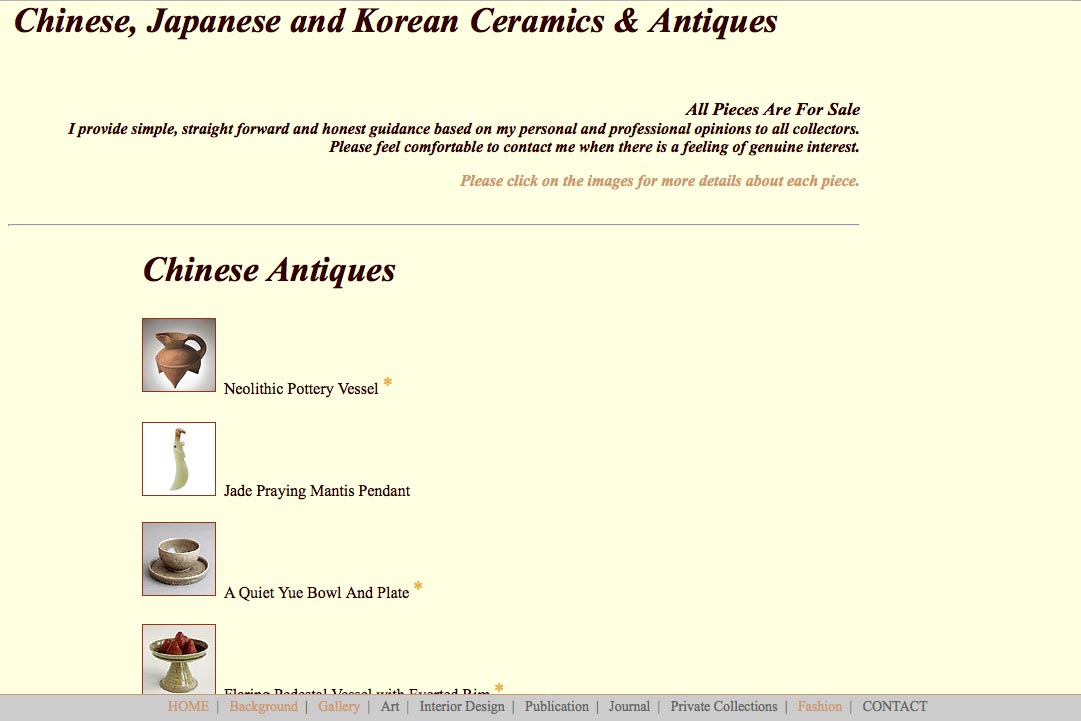 Early web design for a ceramics collector - ceramics landing page