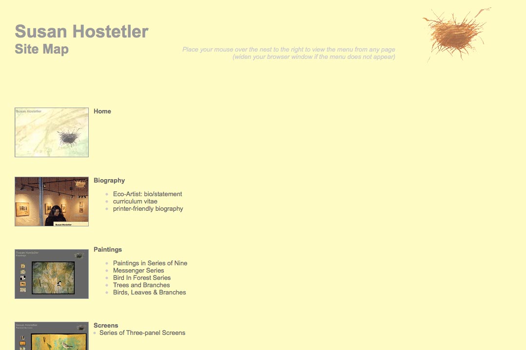 web design for a mixed media artist - site map page