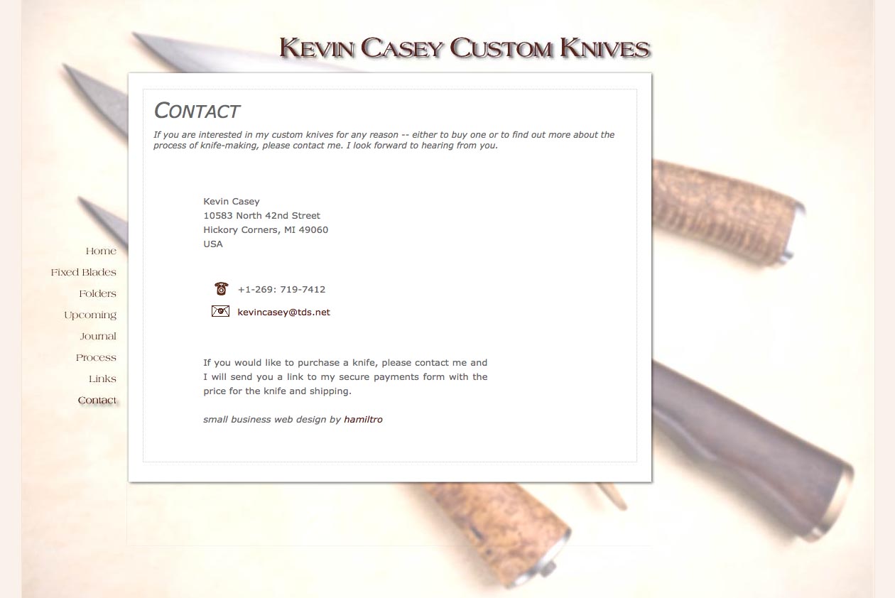 web design for a custom knife craftsman - contact page