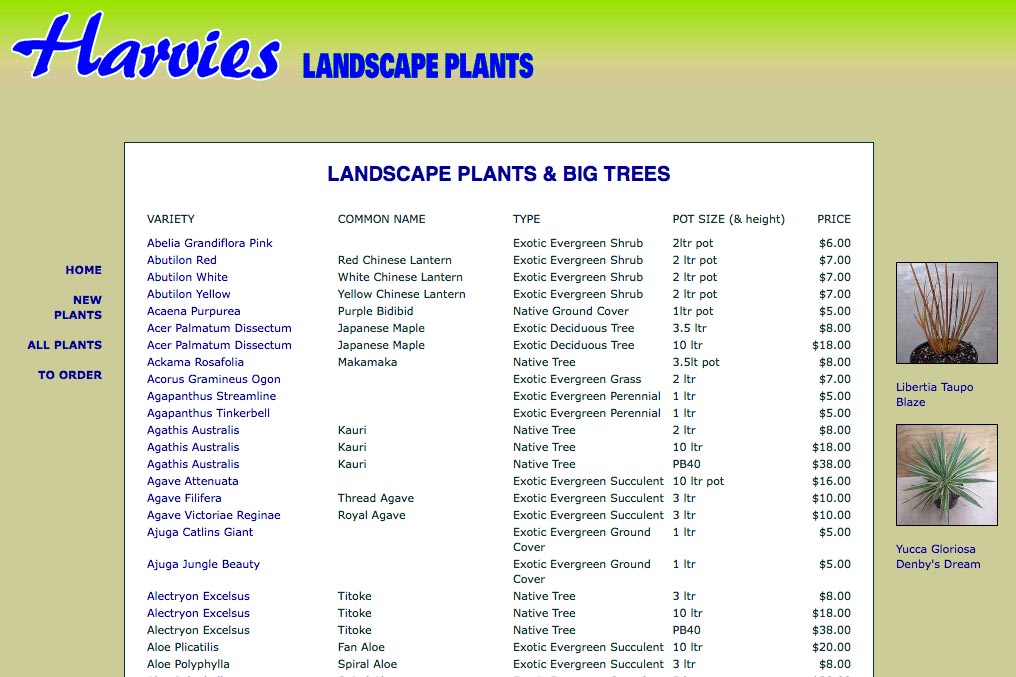 web design for a plant nursery - all plants page