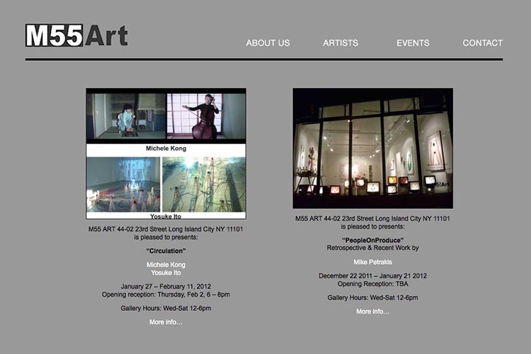 Web design for an art gallery in New York. An early website design for this art gallery, the design used a dark grey background and the homepage featured the upcoming exhibitions. Dates are displayed on the homepage and links are provided for more details for each exhibition.