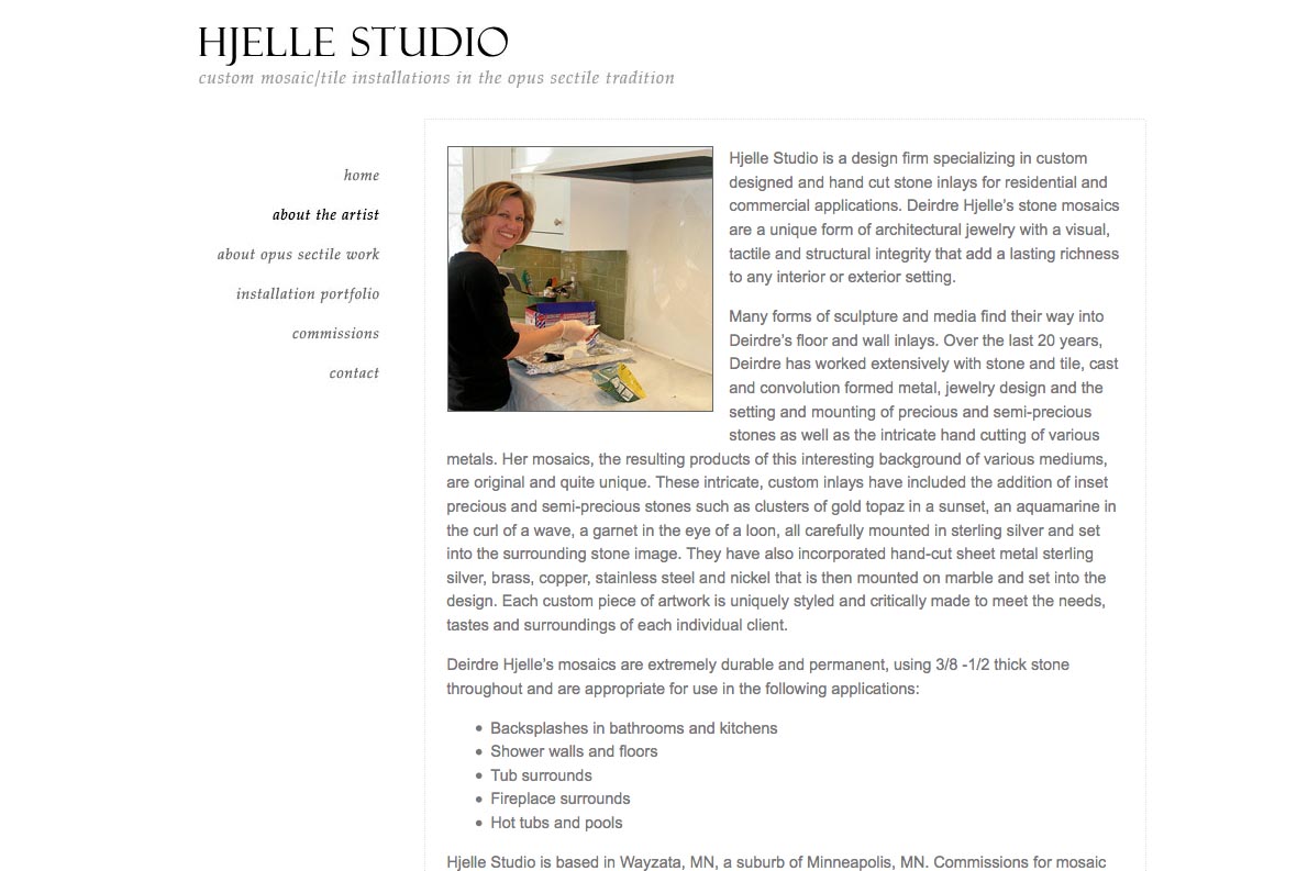 web design for a mosaic tile designer - about page