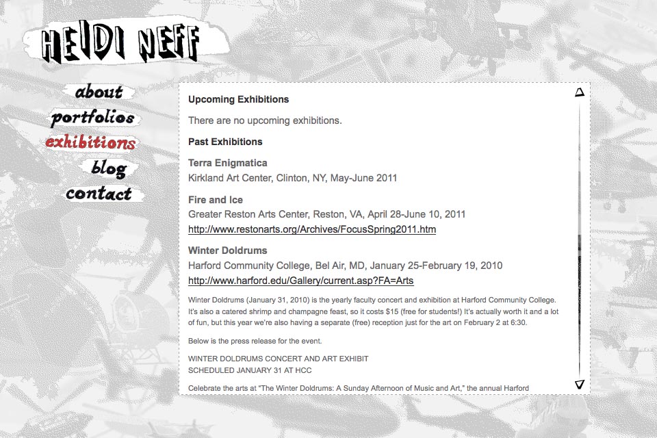 web design for an artist - exhibitions page