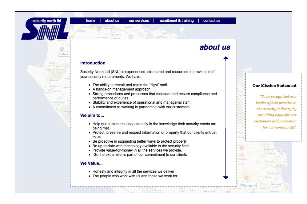 web design for a security company - about us page