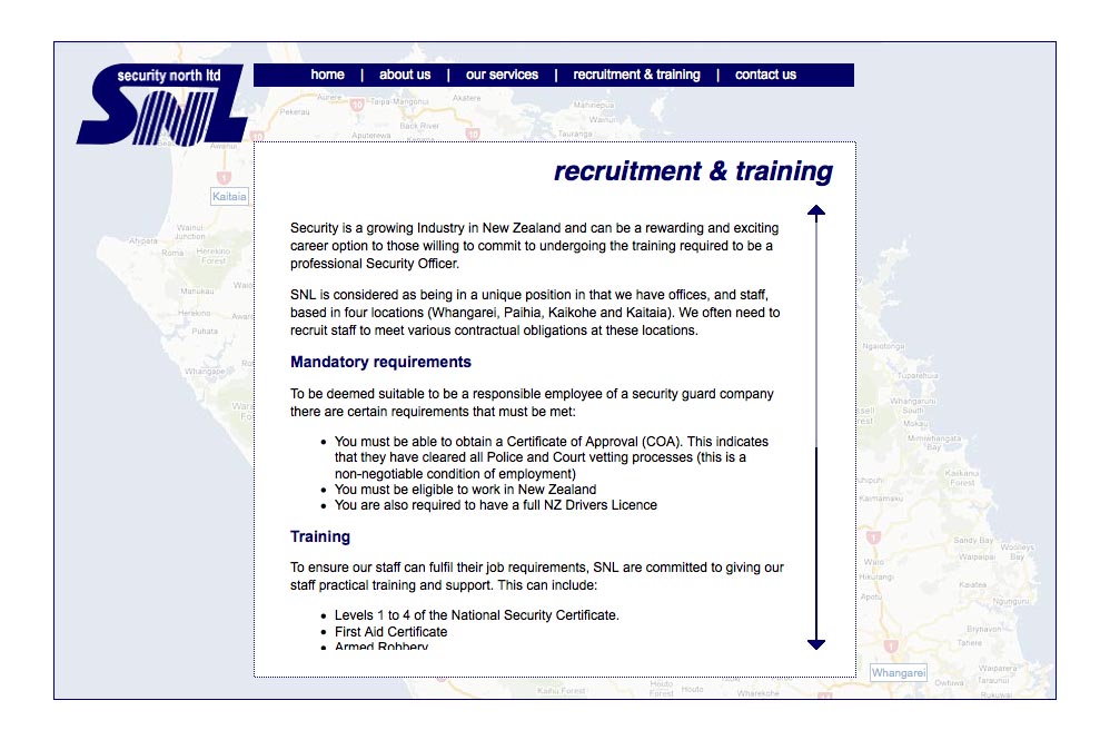 web design for a security company - recruitment and training page