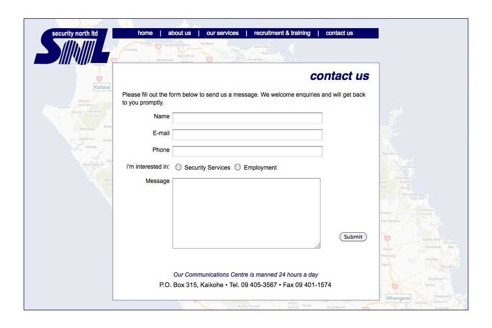 web design for a security company - contact page