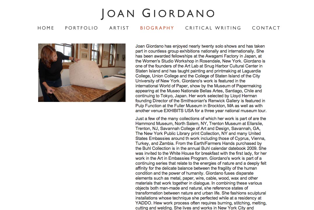 web design for a mixed media artist - bio page