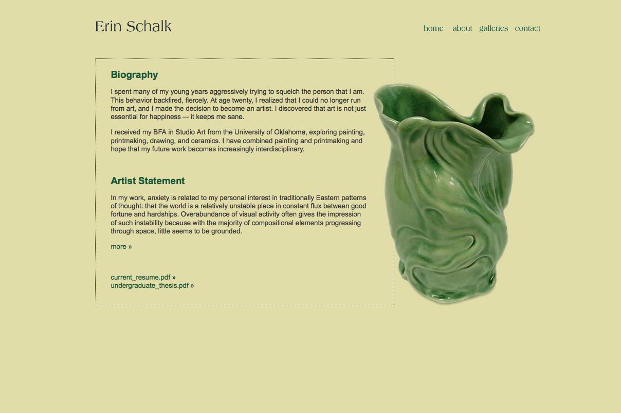 web design for an abstract artist and ceramicist - biography page