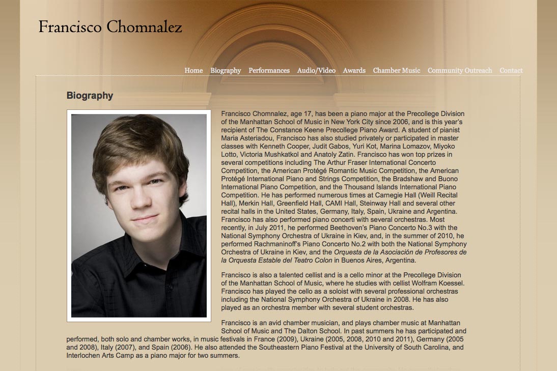 web design for a young concert pianist - bio page