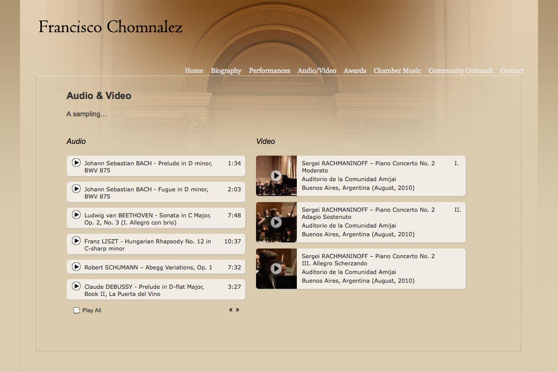 web design for a young concert pianist - audio and video page