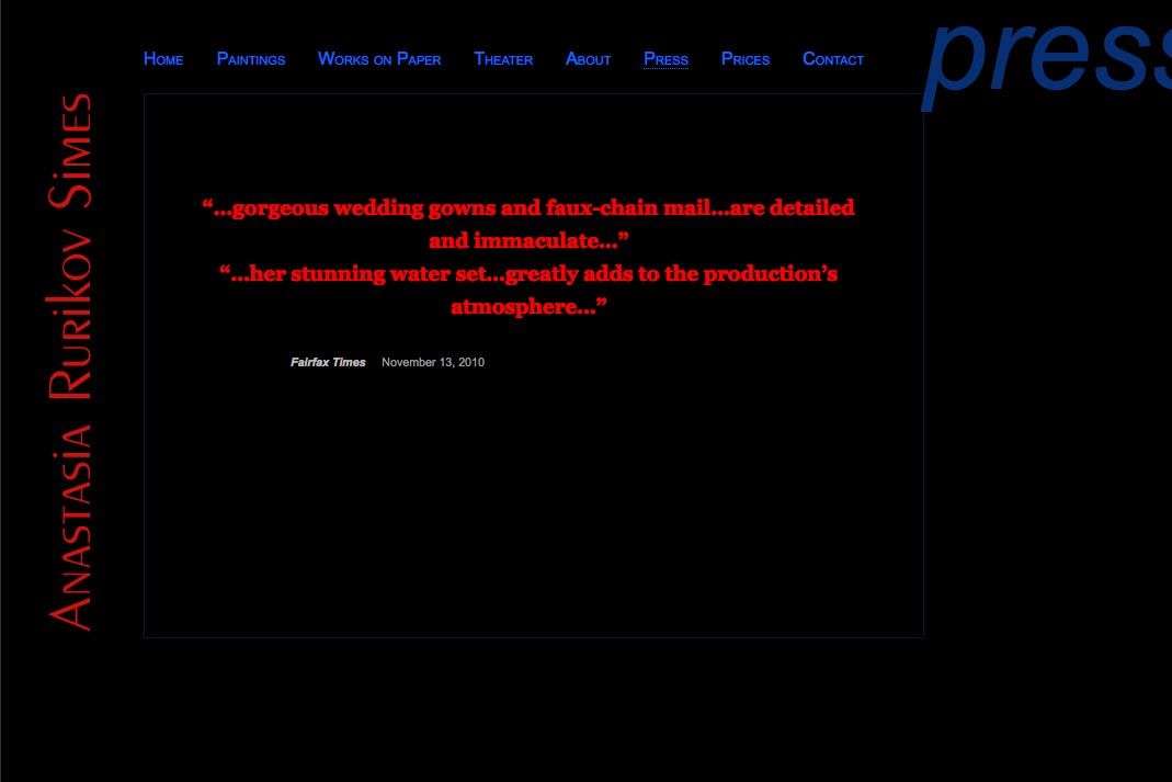 web design for a painter and theater designer - press text page