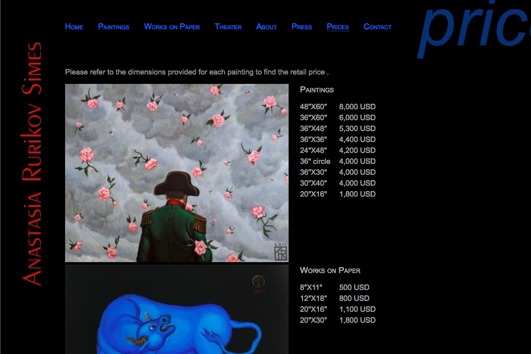 web design for a painter and theater designer - page with prices for artworks