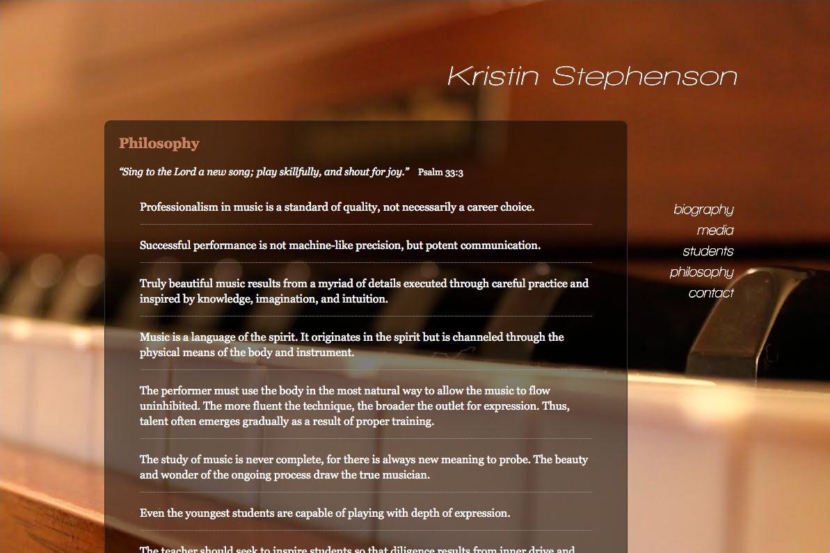 web design for a classical pianist and piano teacher - philosophy page