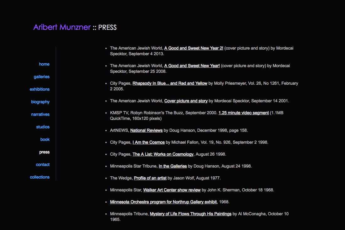 web design for a mature artist - press page