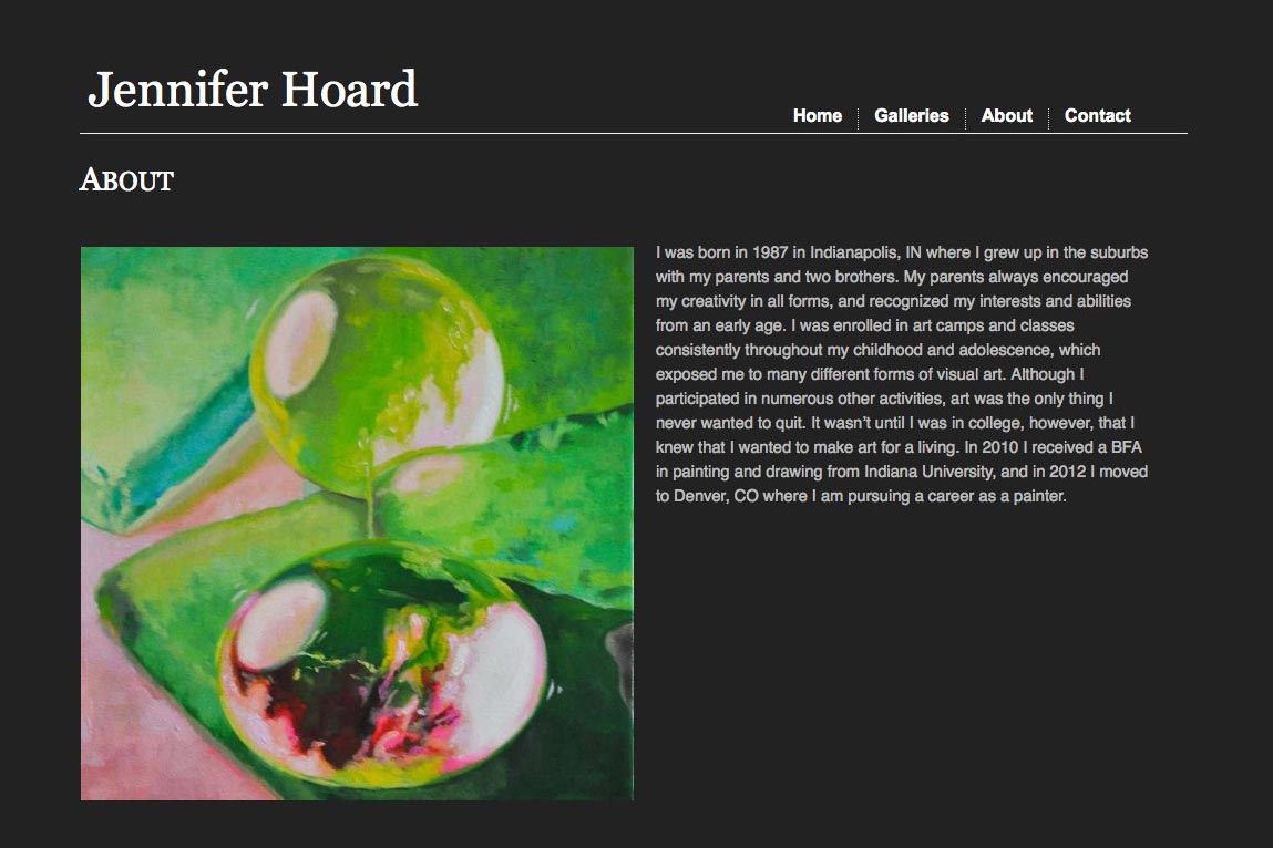 web design for an emerging artist - about page