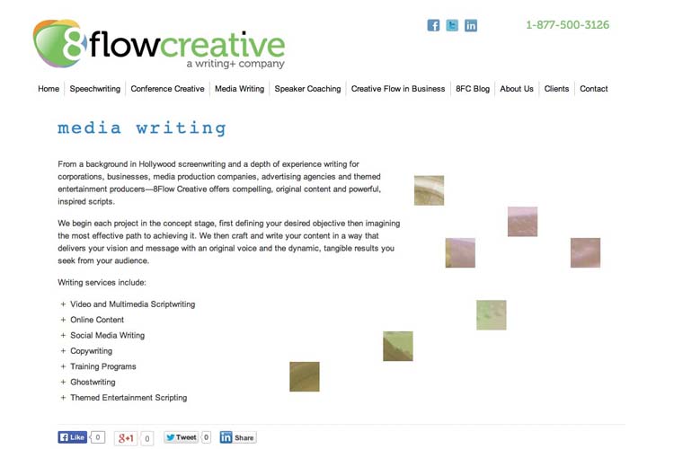 web design for a speaking coach and consultant - media writing page