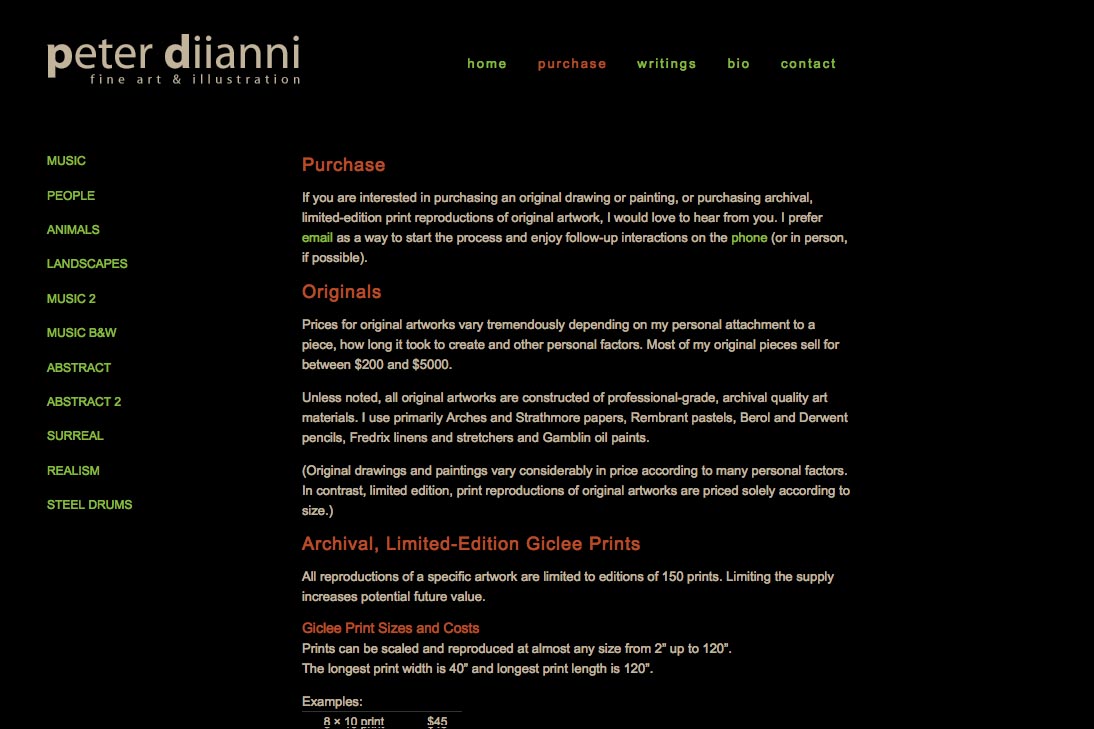 web design for an artist - purchase page