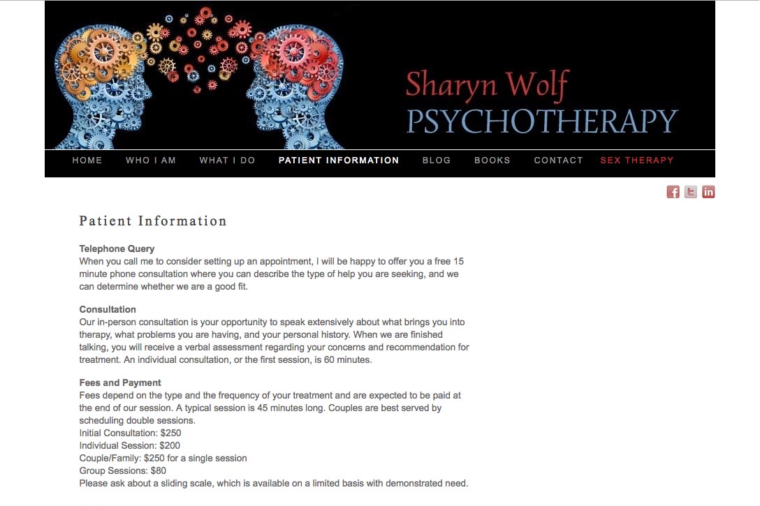 web design for a therapist and author - patient information page