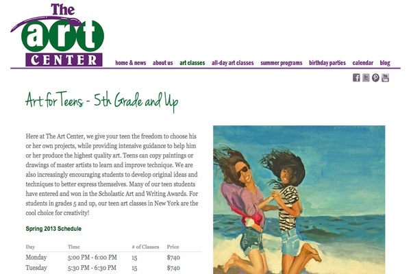 web design for an art school - teens art classes page