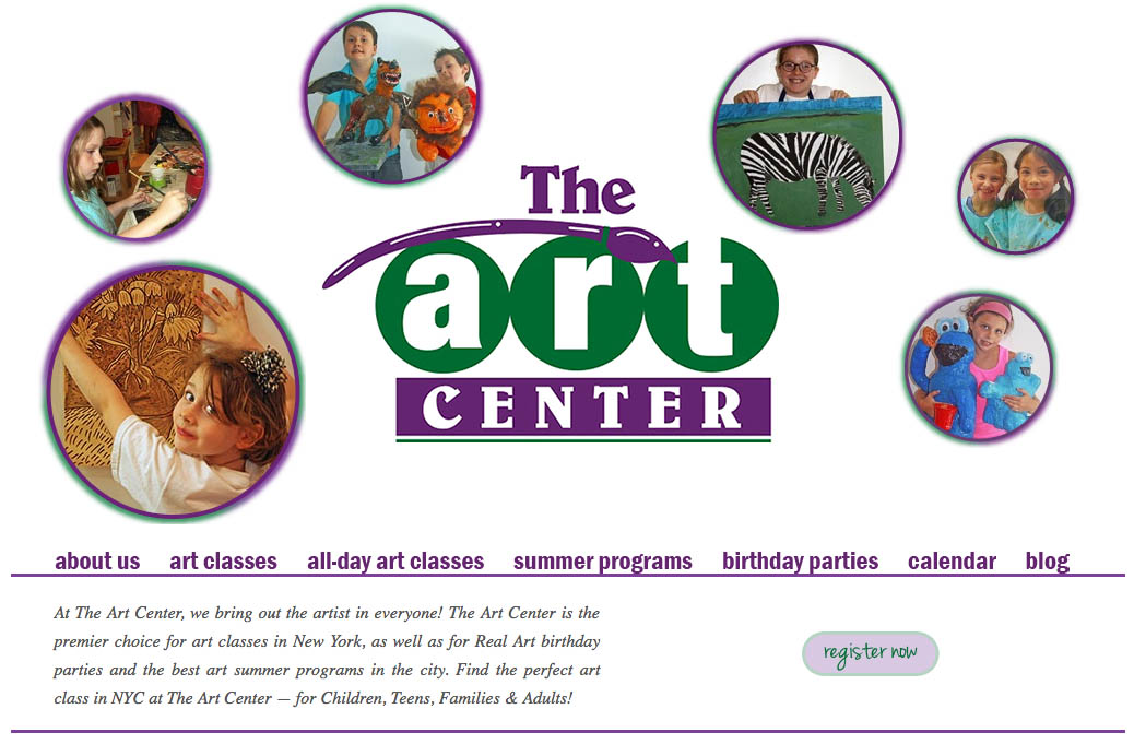 Web design for an art school for New York children. The homepage design features circular images of students with their artistic creations floating around the art center's logo. Below that are links to all the art classes and a short description of all the art center's programs.