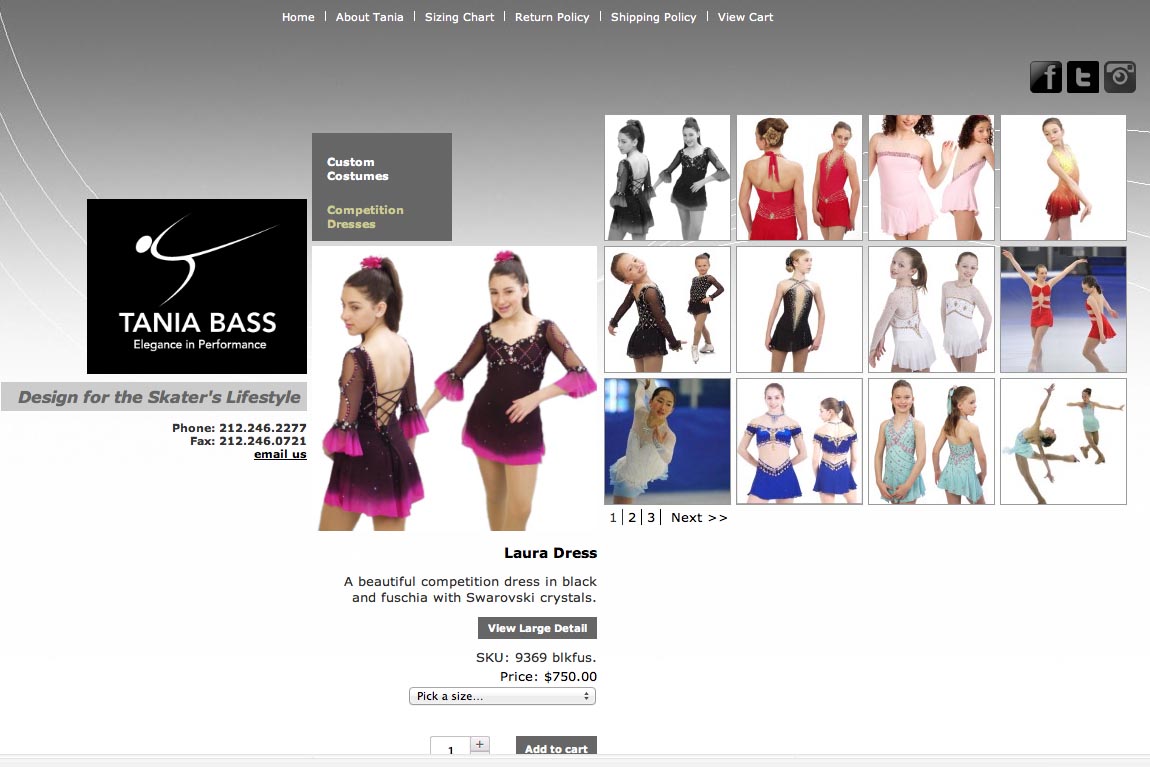 e-commerce  web design for a couture skating costume designer - competition dresses page