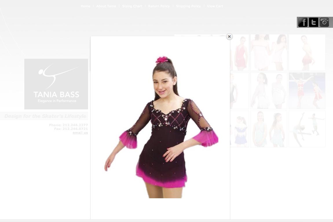 e-commerce  web design for a couture skating costume designer - competition dresses single product page