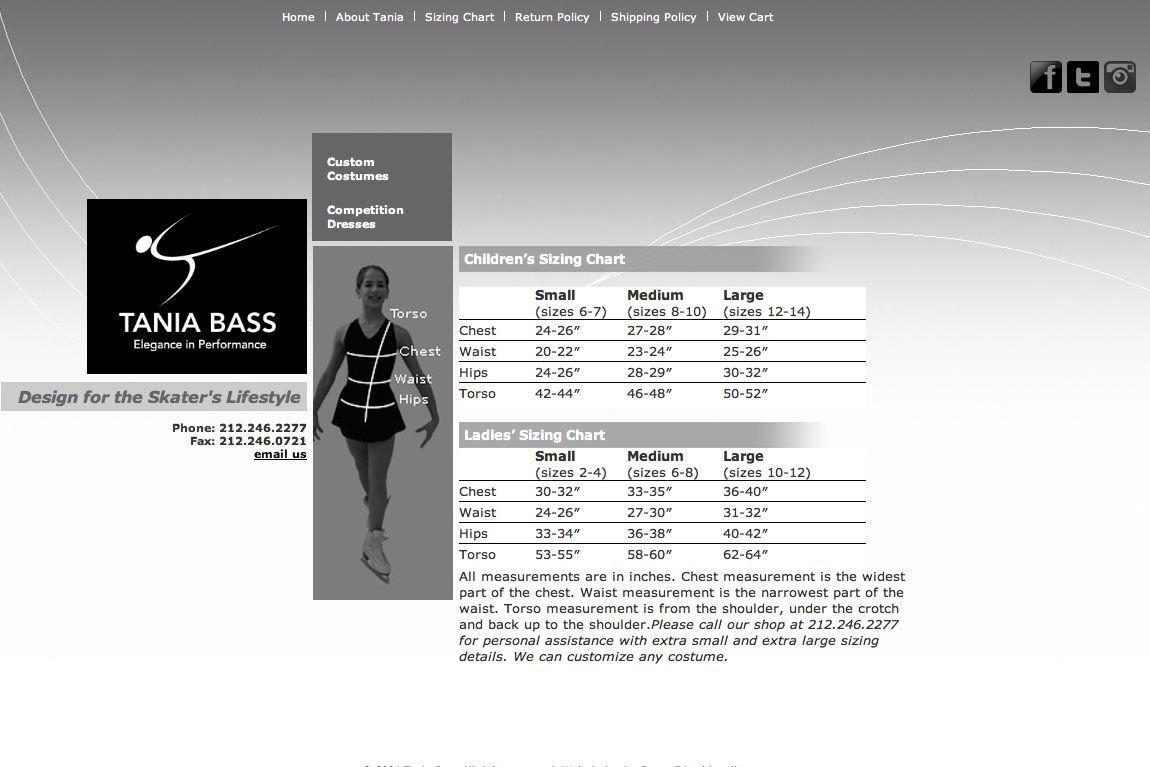 e-commerce  web design for a couture skating costume designer - sizing chart page