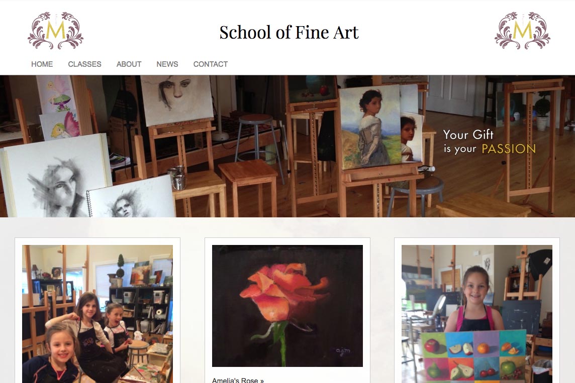 Web design for an art school: The School of Fine Art. The image shows the homepage, featuring images of the studio with student work in progress as well as images of students showing their paintings.