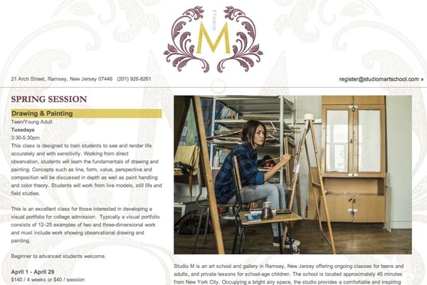 Web design for an art school: Studio M. The homepage features an image of a student painting at an easel, with details of upcoming classes.