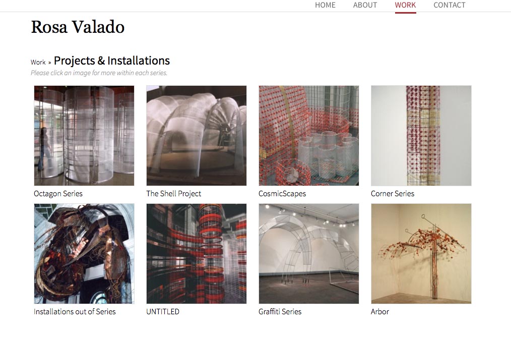 web design for a sculptor, painter and performance artist - installations projects index page