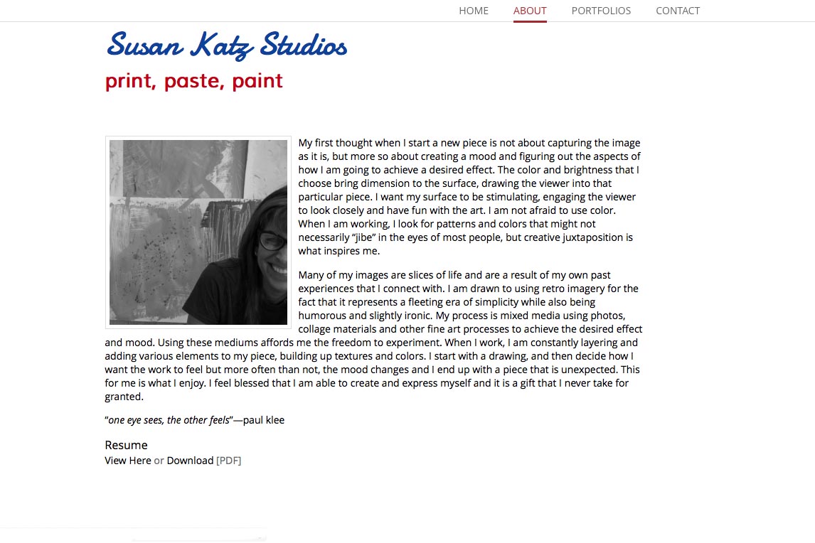 web design for a collage and mixed media artist - about page