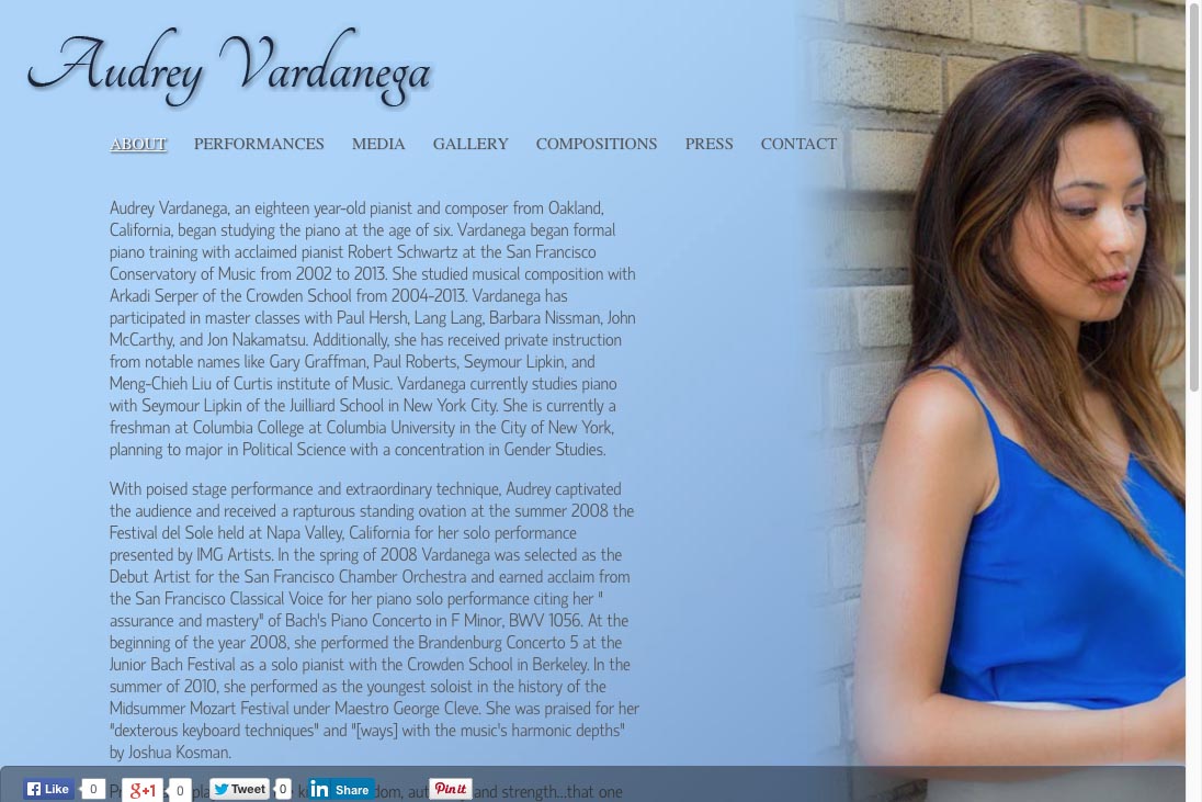 web design for a young concert pianist - about page