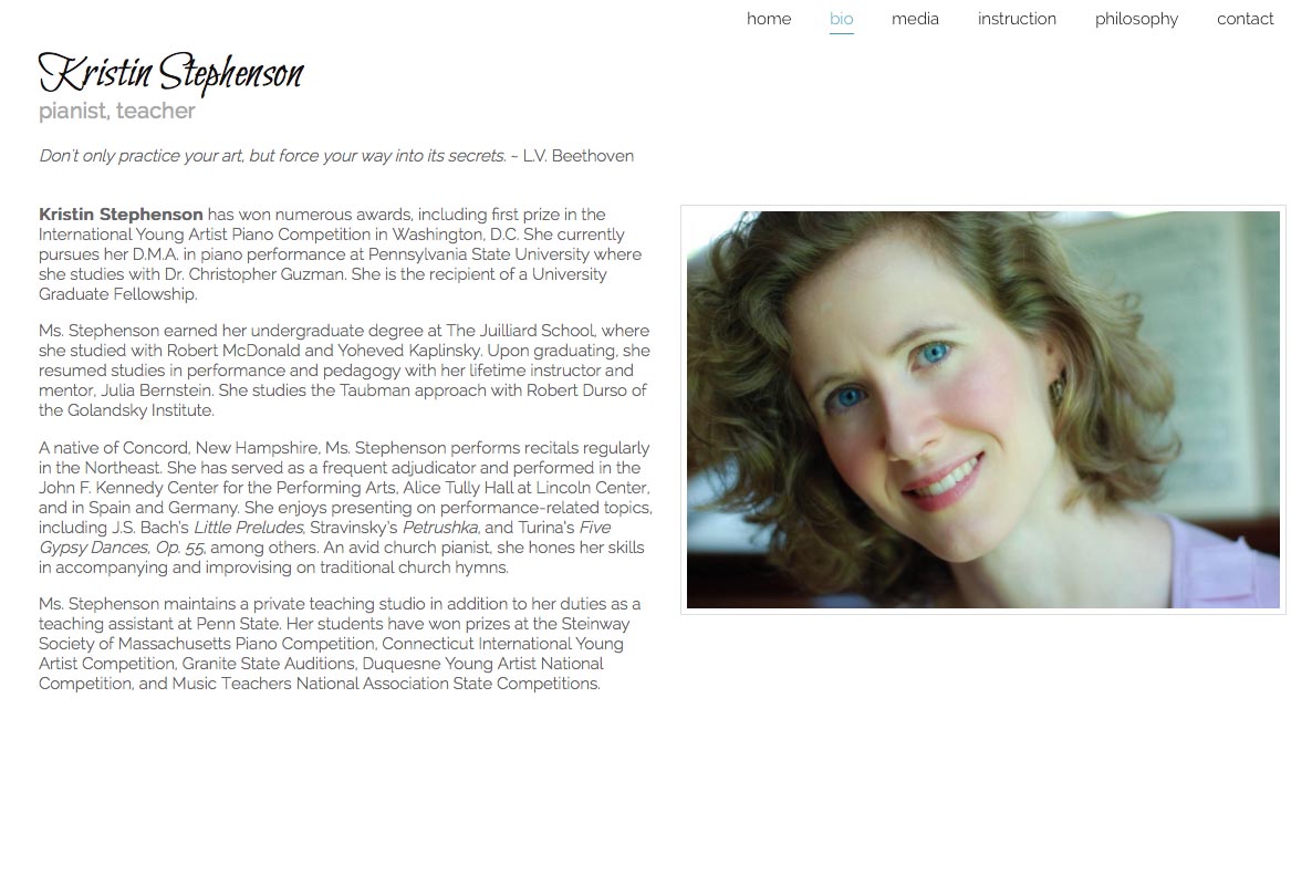 web design for a classical pianist and piano teacher - biography page