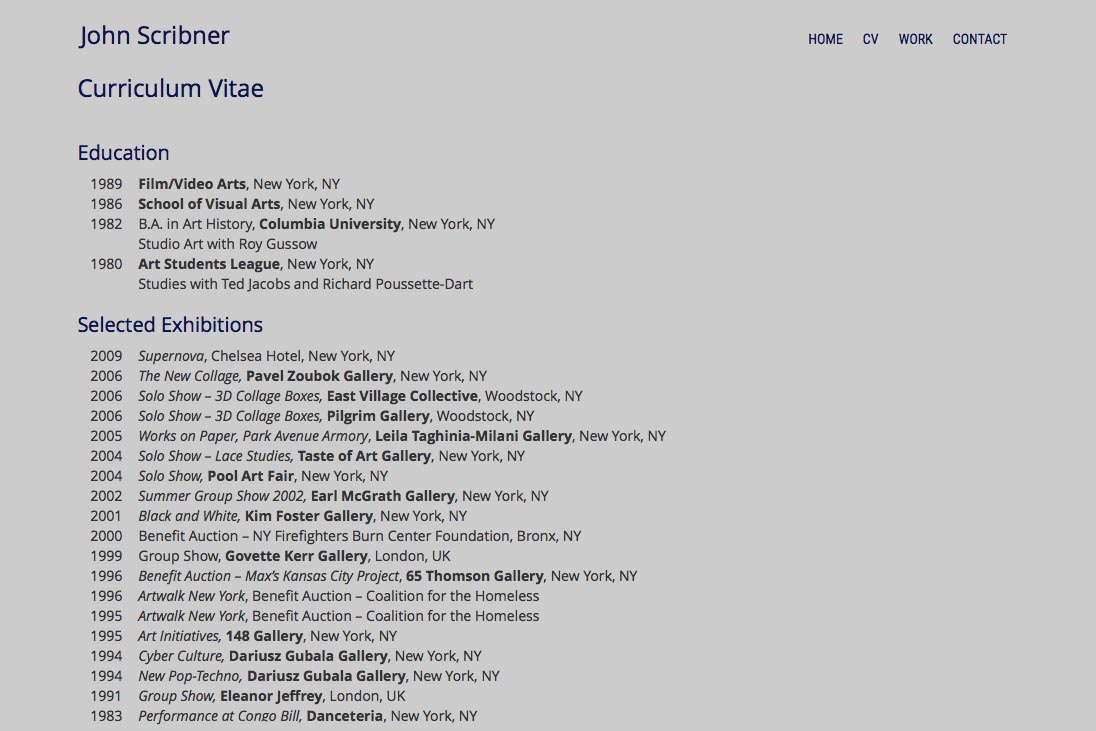 web design for an assemblage artist - c.v. page