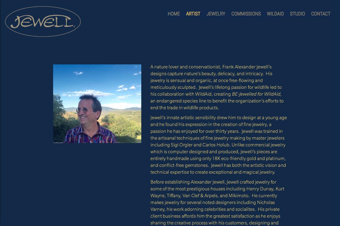 web design for an artisan-jeweler - about page - Frank Alexander Jewell