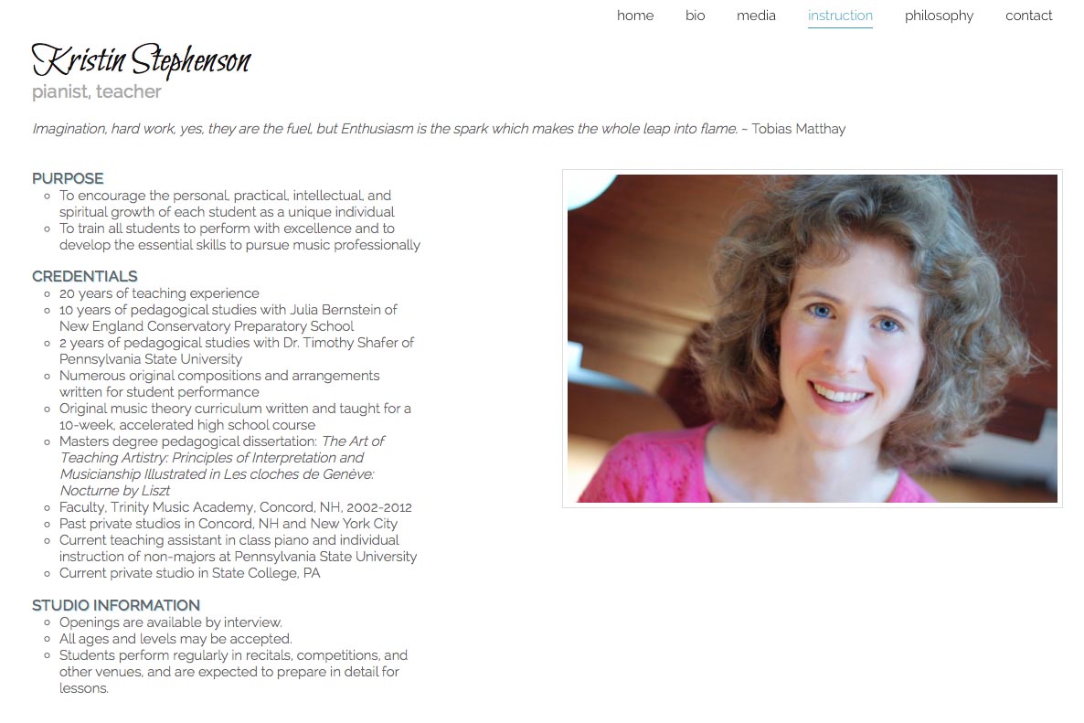 web design for a classical pianist and piano teacher - instruction page