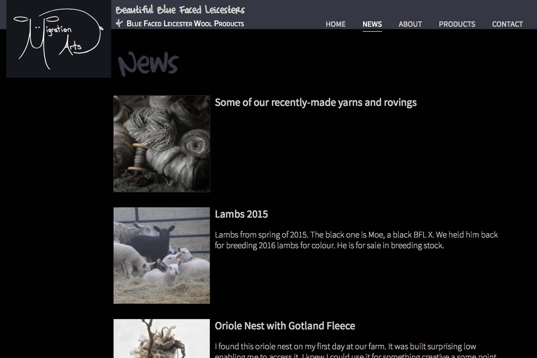 web design for a luxury wool products business - news index page