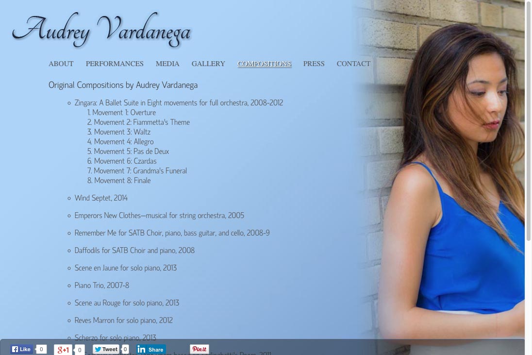 web design for a young concert pianist and composer - compositions