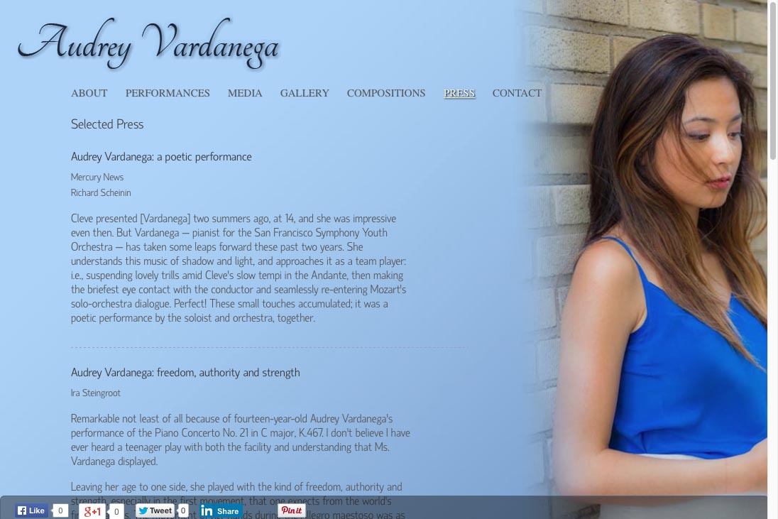 web design for a young concert pianist - press page