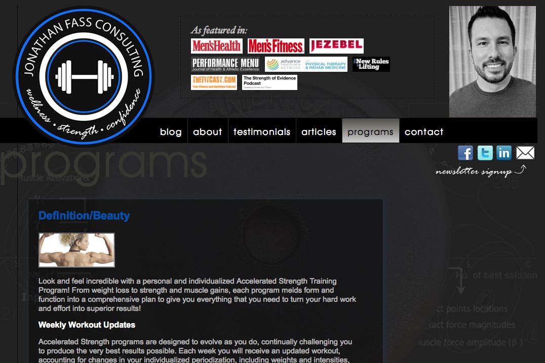 web design for a fitness trainer and consultant - programs single article page