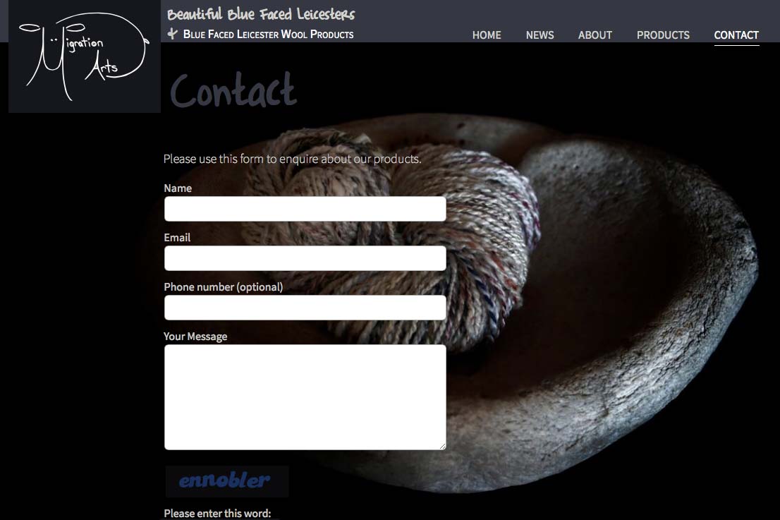 web design for a luxury wool products business - contact page
