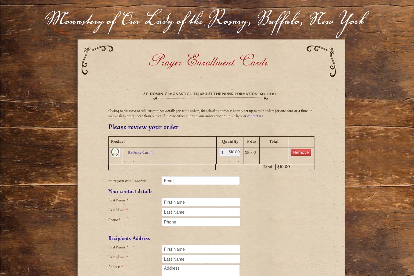 web design for a monastery - prayer cards check out page