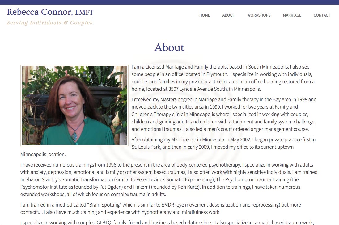 web design for a therapist - about page