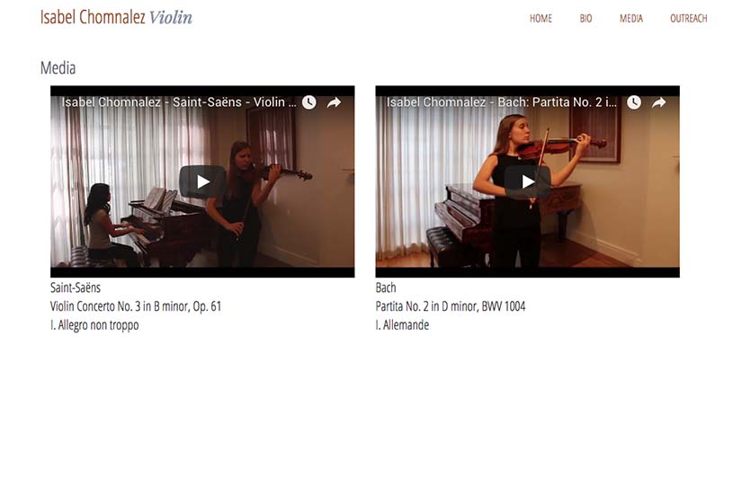 web design for a young violinist - media page with videos