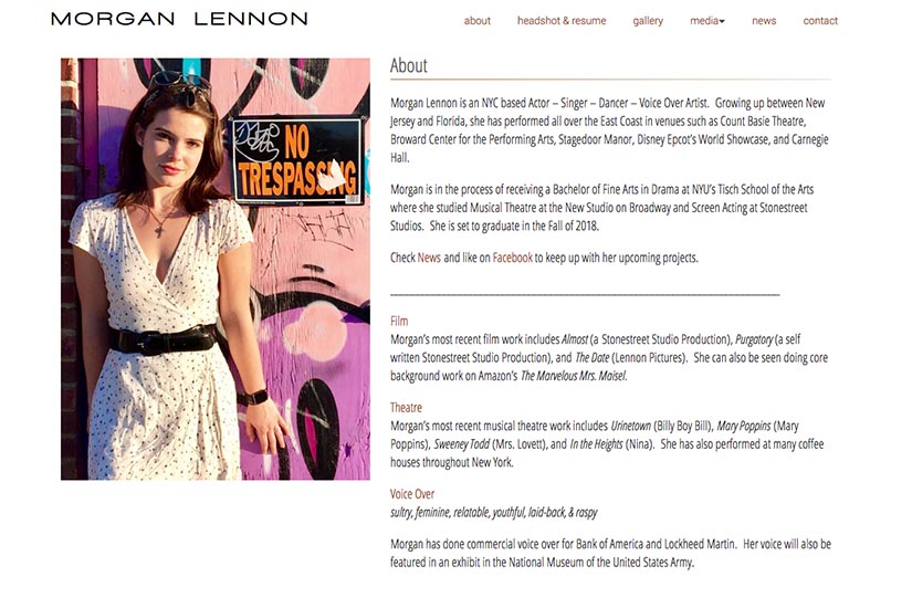 web design for a New York actor - about page