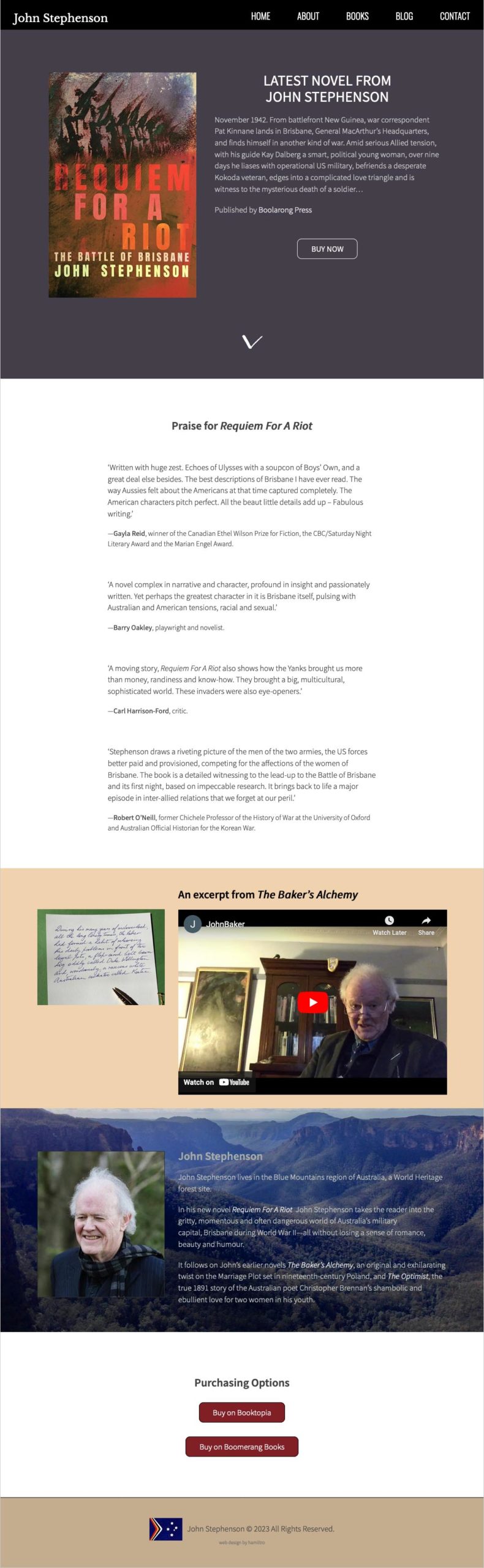 Website design for an author in Australia. The long-scrolling homepage features an image of the cover of the author's latest book plus a description and buy-now button in the hero section, a section of quotes from reviews for the book, a video of the author reading from the novel, a portrait and biographical description and buttons to purchase the latest book.