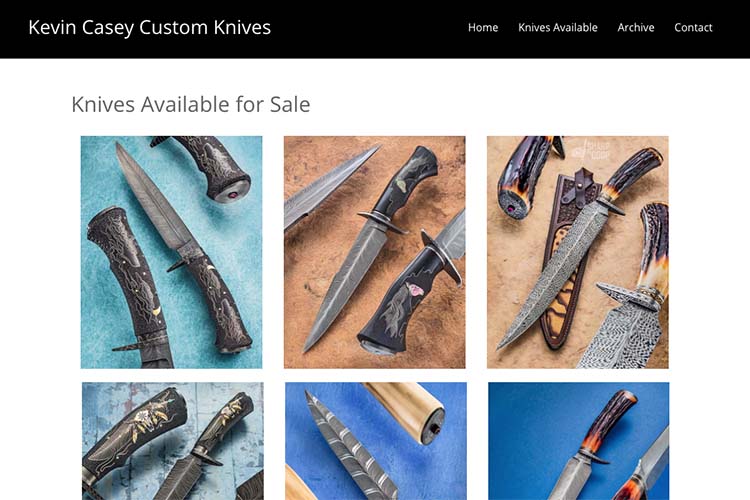 web design for a custom knife-maker - knives available for sale page